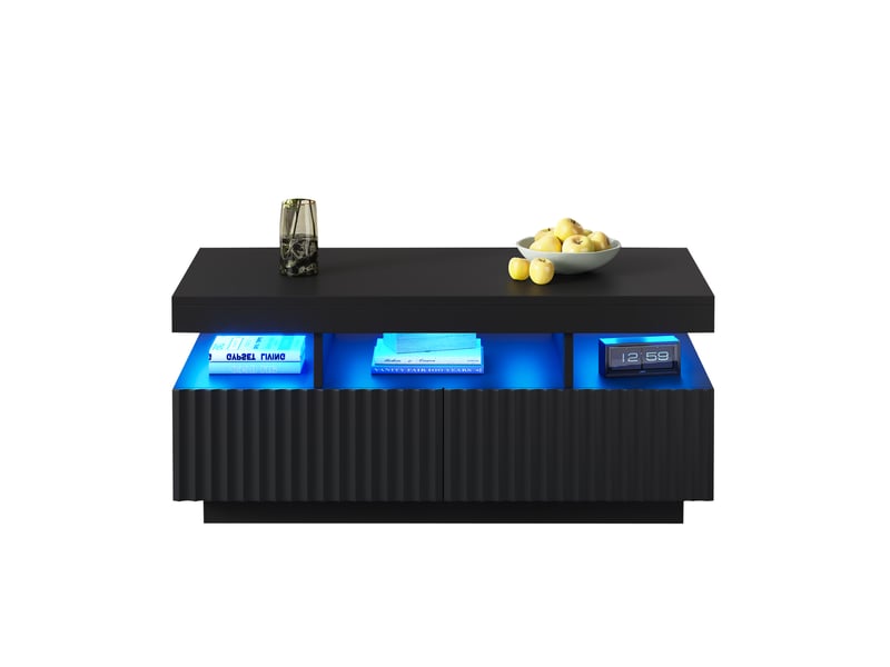  Table basse 100 x 50 x 45 cm avec deux tiroirs, à rayures verticales, thermoformée, table de salon, table basse avec bande lumineuse led, noire  - Conforama A