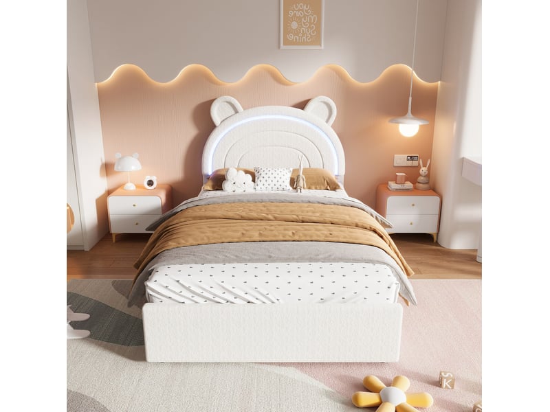  Lit enfant 90x200 cm avec tête de lit et led, 4 tiroirs coloris beige  - Conforama D