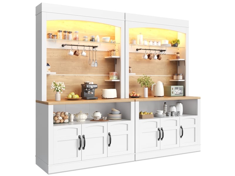  Lot de 2 buffets hauts de cuisine 203x40x174 cm, plans de travail, led rgb via application, étagères réglables, 12 crochets, 6 niches latérales, blanc  - Conforama A