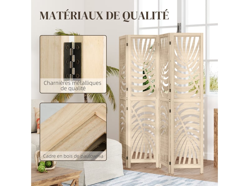  Paravent interieur en bois 4 panneaux 160 x 170 cm, pliable et portable, motif de feuille, bois naturel, design amovible  - Conforama W