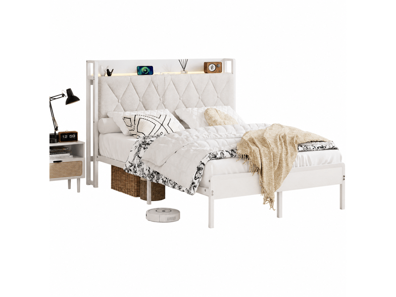  Lit double rembourré 140 x 190 cm avec tête de lit led, 2 prises secteur, 2 ports usb, rangement sous le lit, design moderne, métal blanc  - Conforama A