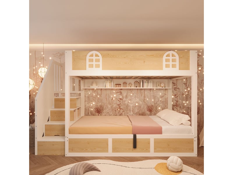  Lit superposé enfant 90x200, sécurité renforcée norme en 747-1 lit superposé, escalier rangement intégré, gain d'espace, design cabane  - Conforama C