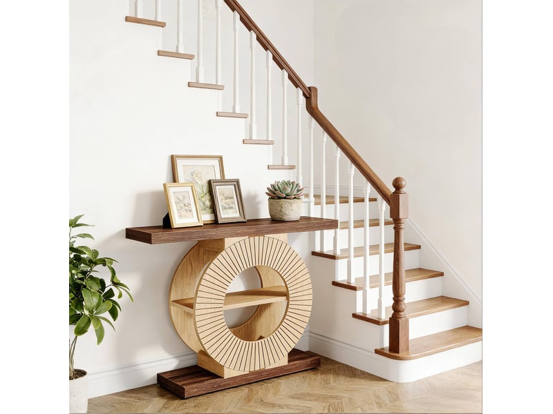  Console en bois brun avec 3 niveaux et base ronde pour entrée et salon, style campagne et rangement d'appoint  - Conforama E