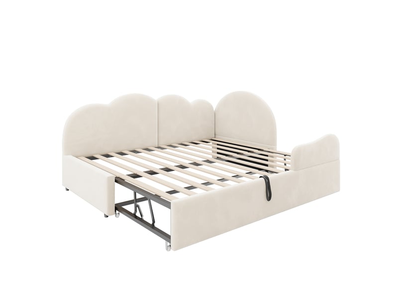 Lit gigogne 90×200 cm et 90×190 cm avec tête de lit nuage, velours beige - Conforama D
