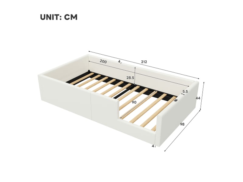 Lit enfant 90x200 cm avec barrière de sécurité et ports usb-type-c, sommier à lattes, sans matelas, blanc  - Conforama C