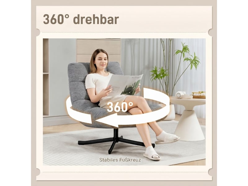  Fauteuil assise large revêtement aspect chenille déperlant pieds en acier croisés assise pivotante coloris gris  - Conforama C