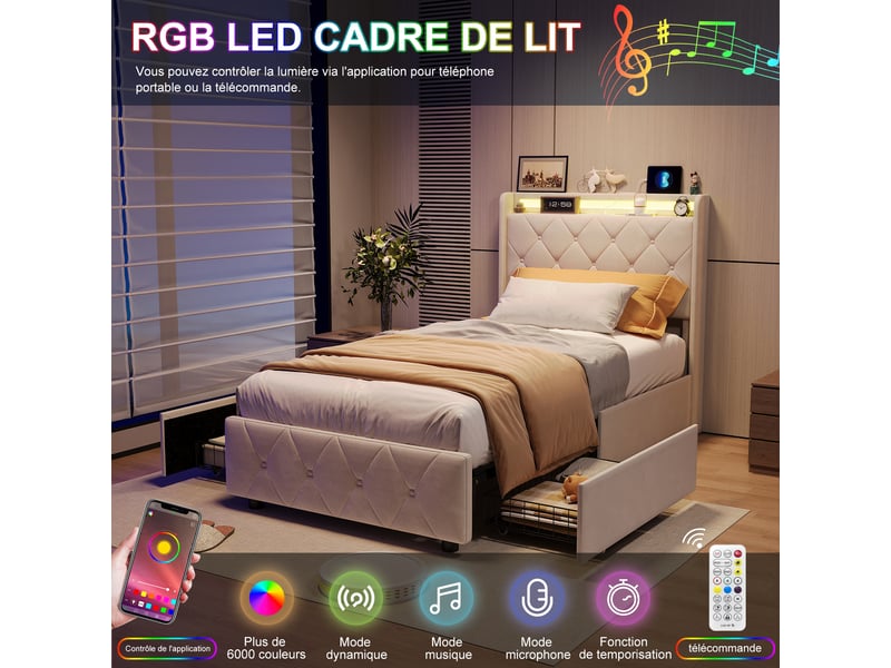  Lit simple rembourré 90x200 cm ,lit adulte avec led et 2 tiroirs ,ports usb ,tête de lit avec rangement ,velours ,beige  - Conforama R