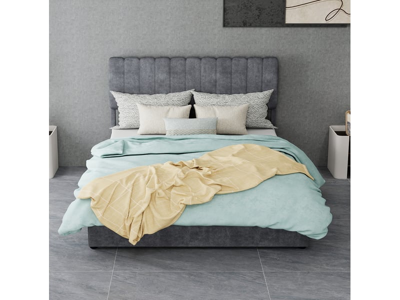  Lit coffre ulevr 140x200 cm avec tête de lit capitonnée, rangement relevable, matelas inclus, velours gris, structure métal  - Conforama B