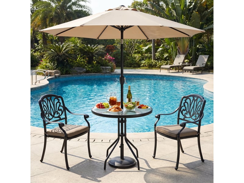 Table de jardin ronde en verre trempé de 70 cm avec structure métallique robuste et trou pour parasol noire - Conforama D