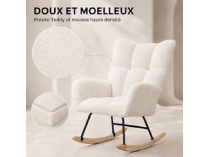 Fauteuil à bascule teddy blanc, fauteuil rocking‑chair ergonomique avec dossier haut et accoudoirs rembourrés, base en bois massif, chaise de relaxation pour salon, chambre et chambre bébé