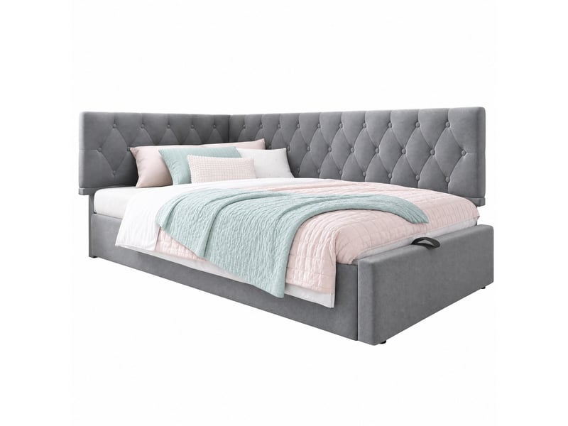  Lit banquette 200×90 cm avec rangement hydraulique, dossier réversible, sans matelas, en velours gris  - Conforama A