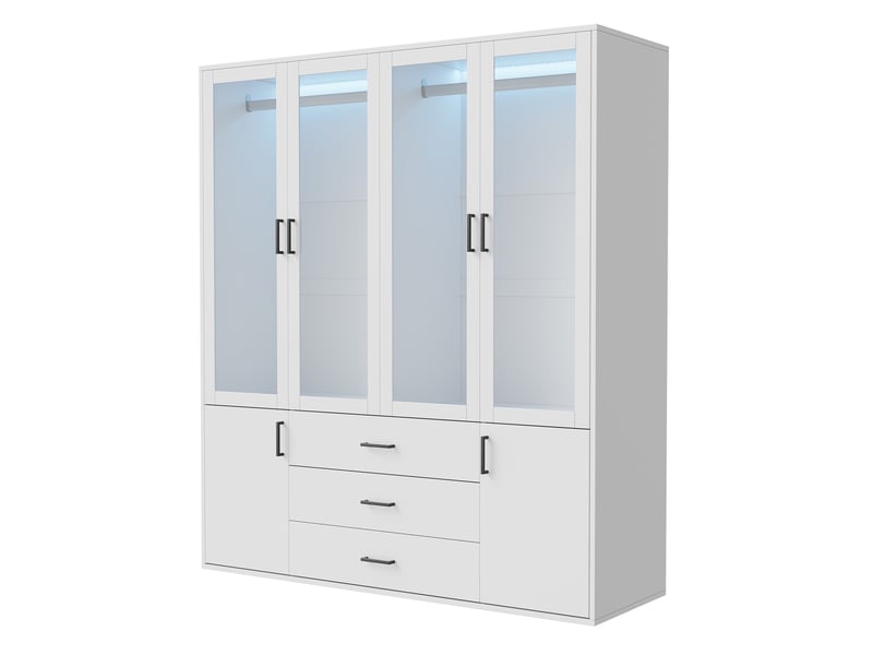  Armoire de chambre led - 160x51,8x182cm - meuble de rangement avec 4 portes vitrées avec led et 3 tiroirs - blanc  - Conforama A