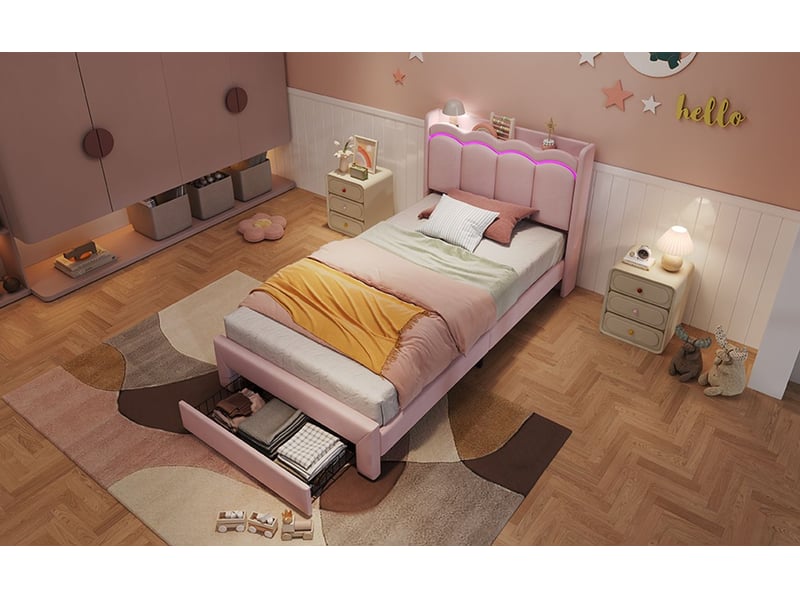 Lit rangement 90 x 200 cm éclairage led piloté par application lit simple tiroir en bout de lit tête de lit ondulée surface de pose structure rembourrée coloris rose charge maximale 220 kg  - Conforama B