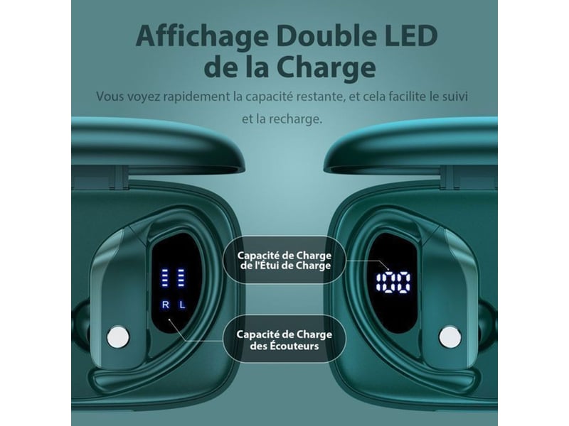  Ecouteurs bluetooth sport ipx7 led type-c charge rapide sml vert  - Conforama B