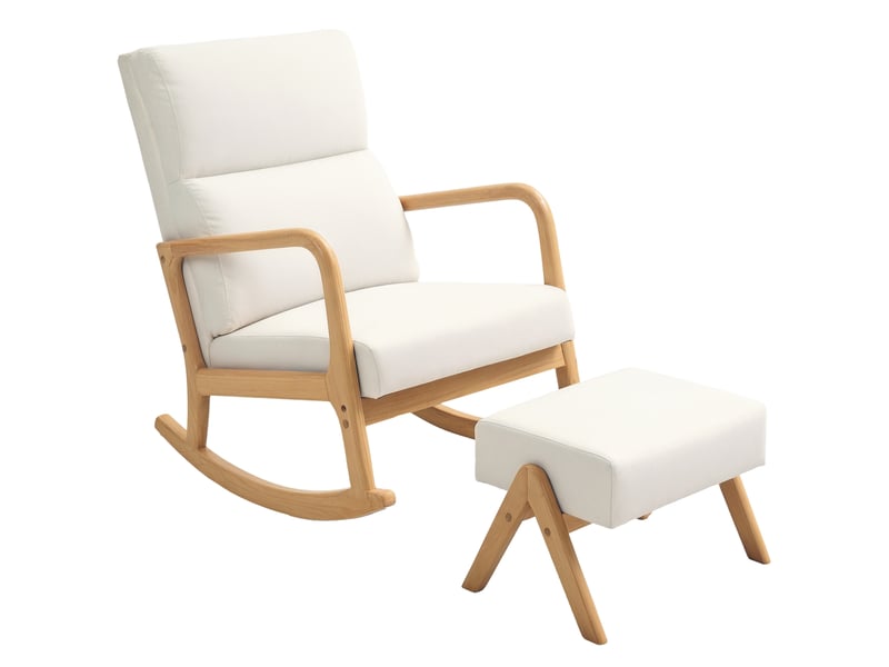 Fauteuil à bascule avec repose-pieds, revêtement souple aspect lin, structure en bois, blanc crème - Conforama B