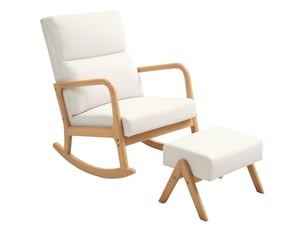Fauteuil à bascule avec repose-pieds, revêtement souple aspect lin, structure en bois, blanc crème
