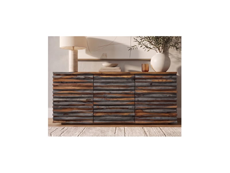  Buffet savana 160 cm en bois massif de sheesham fumé gris – 2 portes, 3 tiroirs et façades sculptées  - Conforama D