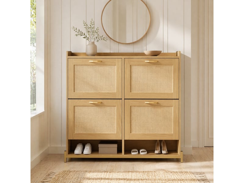  Meuble à chaussures ulevr 4 portes abattantes, rangement étroit 108,5 x 24 x 100 cm, mdf chêne clair, étagère supérieure  - Conforama B
