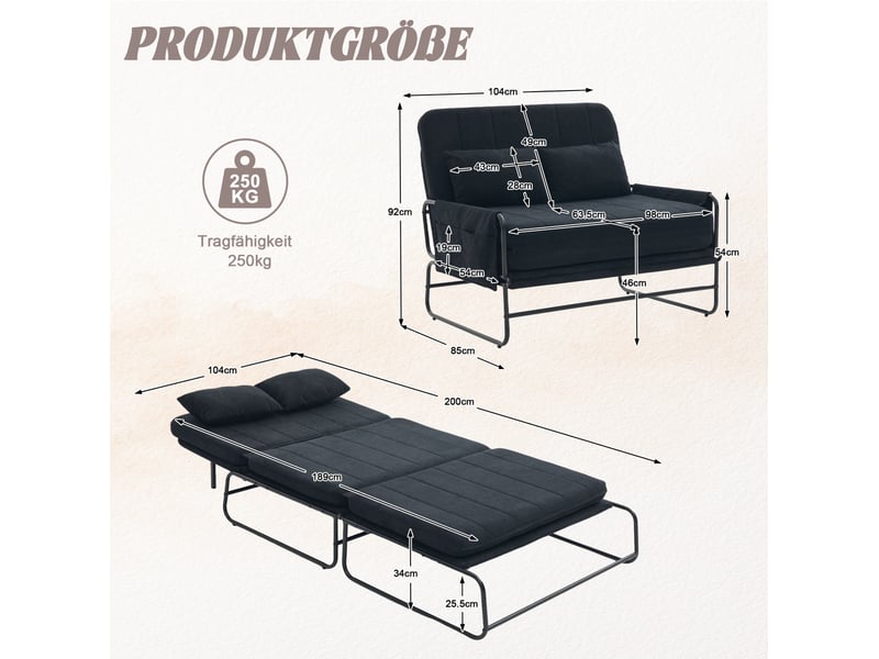 Canapé convertible 2 places avec poches latérales et coussin lombaire, structure métallique en chenille noire - Conforama C