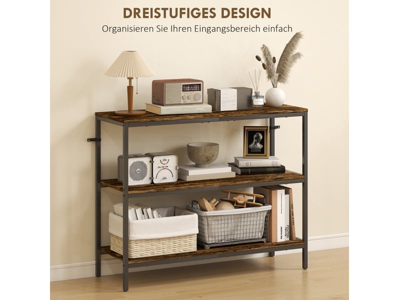  Console d'entrée 101x35x80 cm – marron rustique – style industriel – 3 niveaux de rangement en métal  - Conforama E