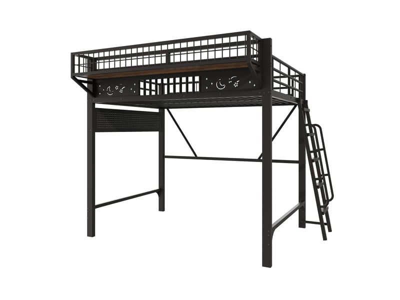  Lit mezzanine 140 x 200 cm en métal noir avec rangements latéraux pratiques et espace ouvert, sans matelas  - Conforama A