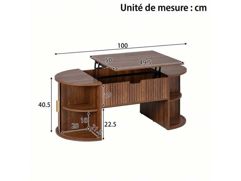  Table basse ovale relevable en mdf effet noyer pour télétravail, 100 x 50 cm  - Conforama C