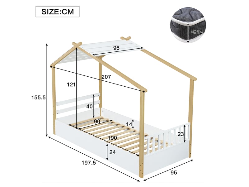  Lit enfant 90x190 cm forme maison en bois blanc et coloris naturel  - Conforama E