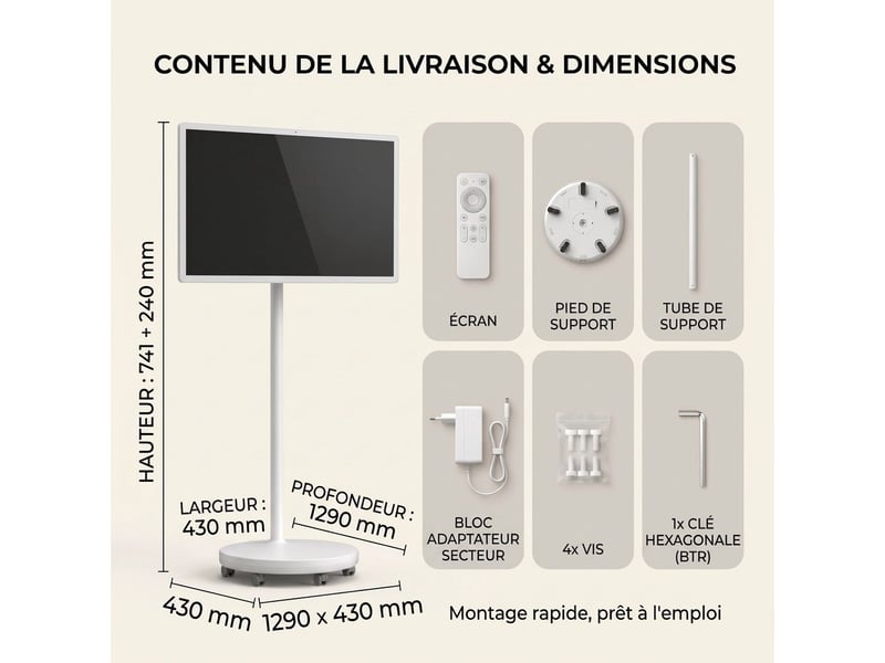  Ecran tactile mobile 32 pouces smart display android 15 batterie roulette blanc  - Conforama E