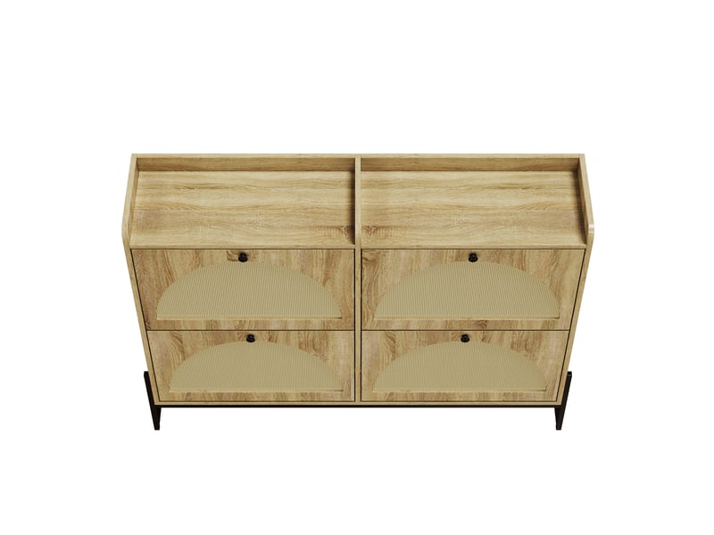 Meuble à chaussures étroit 4 portes battantes avec étagères ajustables, structure en panneau de particules et revêtement rotin pe imitation bois naturel, dimens