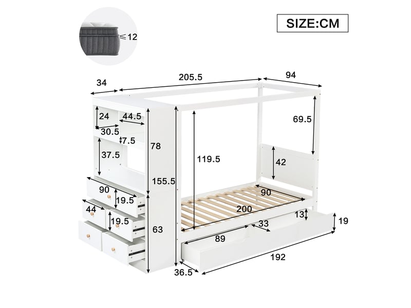  Lit simple enfant 90x200 cm – blanc et naturel – 5 tiroirs, module latéral et bac coulissant - sans matelas  - Conforama C