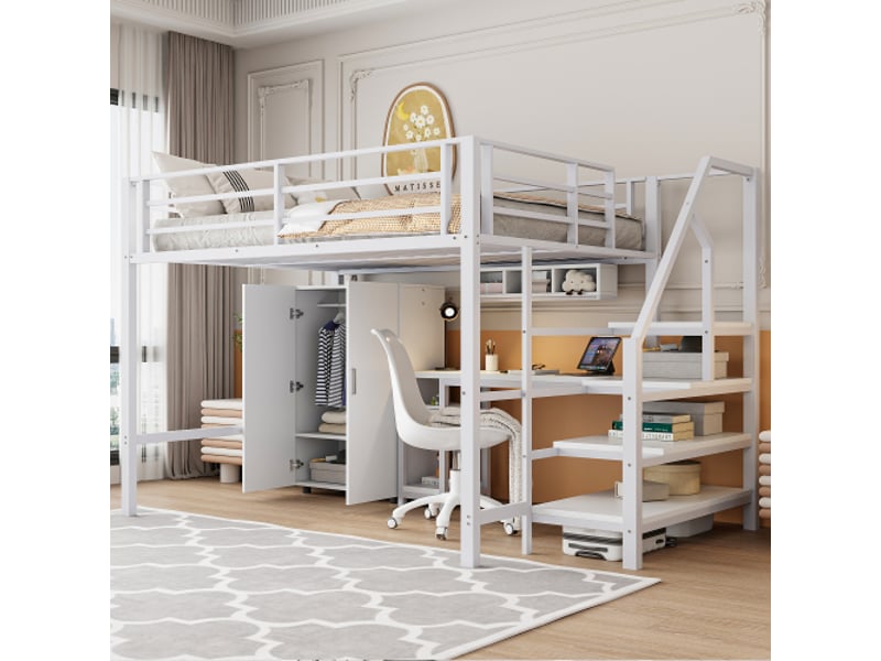 Lit mezzanine 140x200 cm, avec armoire et bureau intégré, en métal, blanc, sans matelas - Conforama B