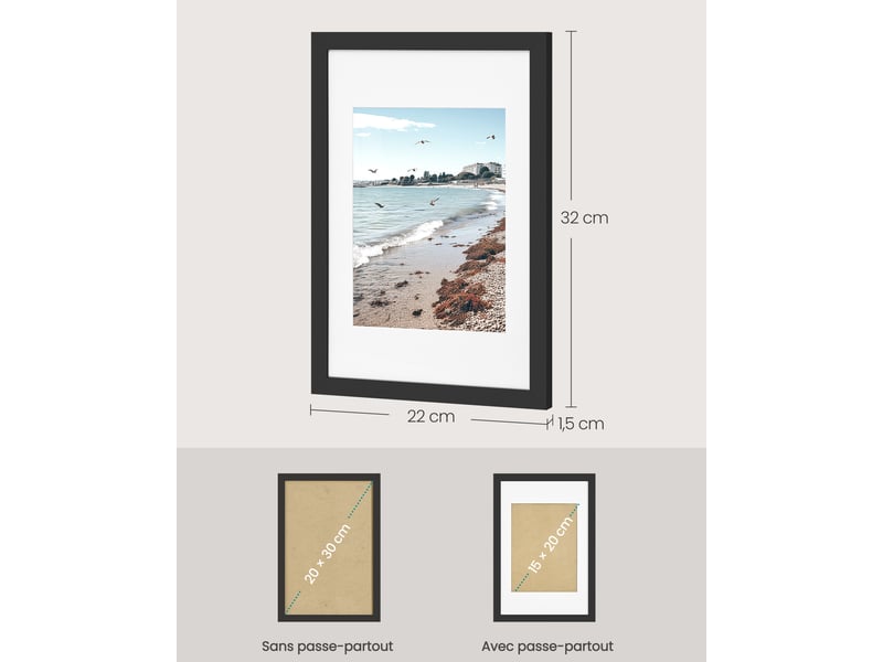  Cadres photo lot de 3 en pvc, décoration d'intérieur, 32 x 22 x 1,5 cm, noir  - Conforama D