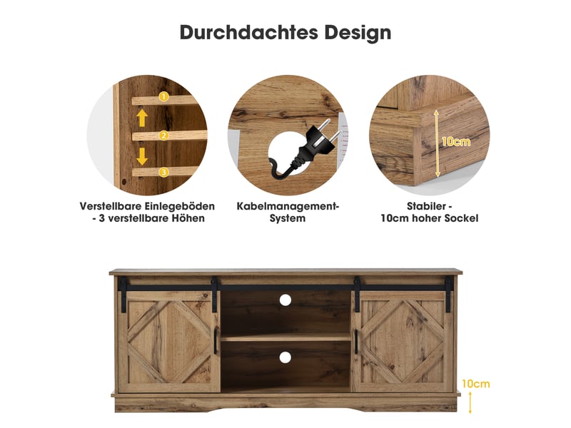  Meuble tv vintage brun 150x40x60 cm - 2 portes coulissantes, étagères réglables - style campagne moderne  - Conforama D