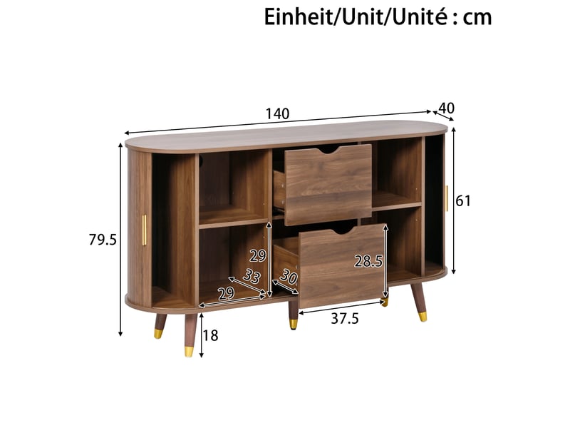 Buffet bas 140x40x79,5 cm noyer mdf, 2 portes coulissantes, 2 tiroirs et étagères réglables, rangement modulable - Conforama C