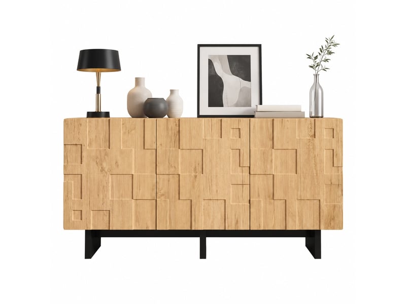 Buffet bas 140 x 40 x 70 cm avec 3 portes à ouverture par pression, 5 compartiments, mdf et panneaux de particules, coloris bois naturel - Conforama A