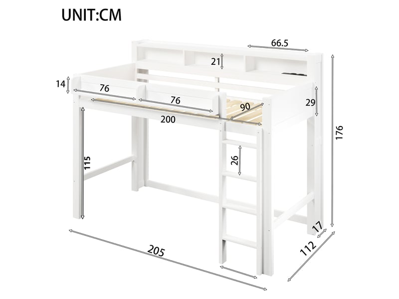  Lit mezzanine 90x200 cm blanc, avec rangements, 3 placards, led, usb, structure bois, sommier inclus, sans matelas  - Conforama C