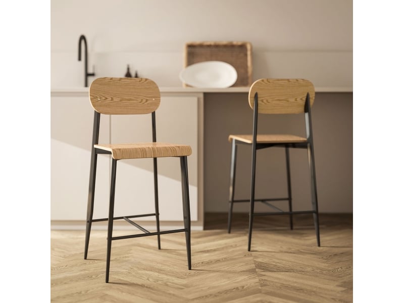  Tabourets de bar lot de 2 avec dossier, repose-pieds et patins réglables en acier noir et panneau aspect bois naturel  - Conforama B
