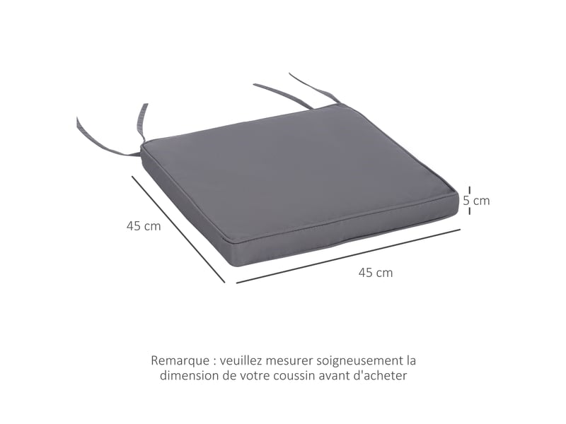  Lot de 2 coussins chaise jardin 45×45 cm, déhoussables, rembourrage 5 cm, polyester, gris foncé  - Conforama E