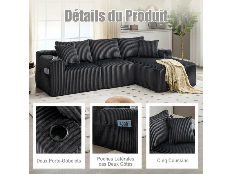  Canapé modulable avec méridienne 3 places velours côtelé 257x160 cm gris avec coussins et porte-gobelets  - Conforama W