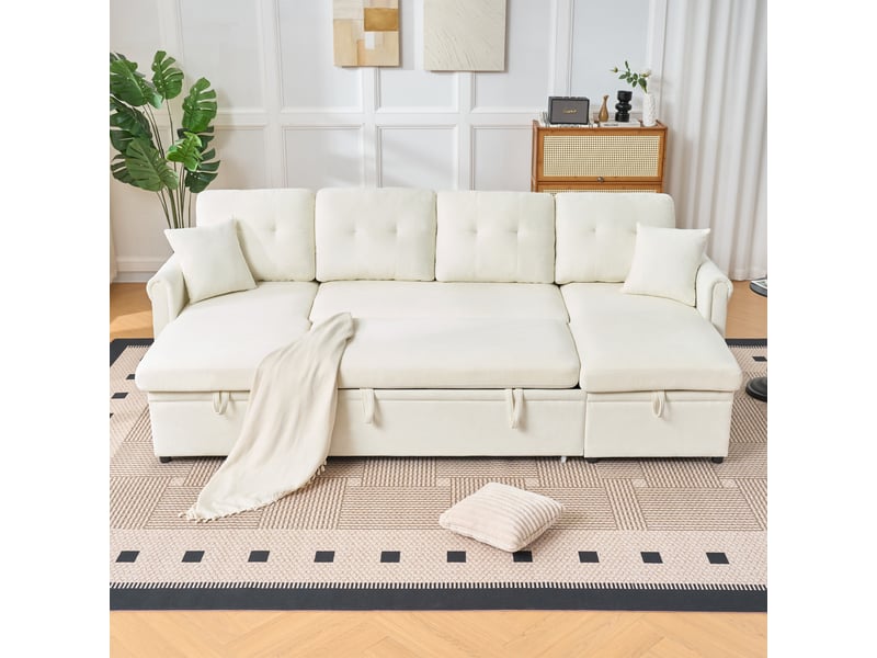 Canapé panoramique convertible en u 4 places 266x130x85 cm, couchage 240x124 cm, 2 coffres, assise profonde 109 cm, chenille beige - Conforama D