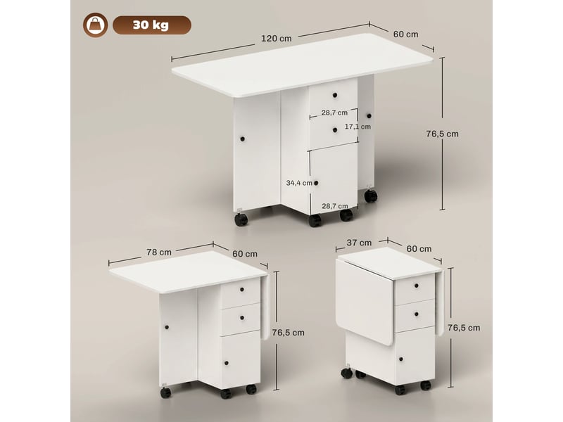  Table de cuisine pliable table à manger pliante 2 plateaux rabattables avec 2 tiroirs 1 placard blanc  - Conforama E