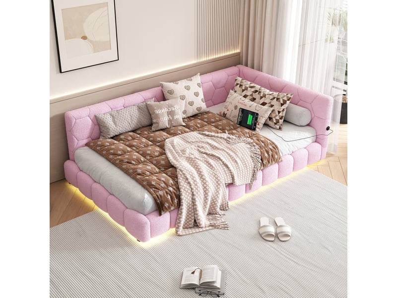  Lit enfant 90x200 cm canapé-lit avec led et usb, mdf, rose, sans matelas  - Conforama W