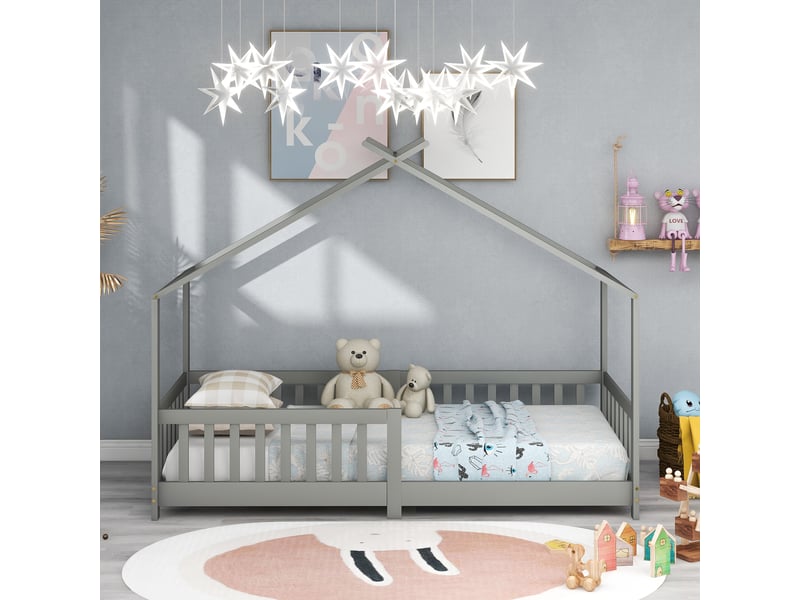  Lit cabane gris clair 200x90cm, structure bois massif, garde-corps, lattes et sécurité enfant  - Conforama E