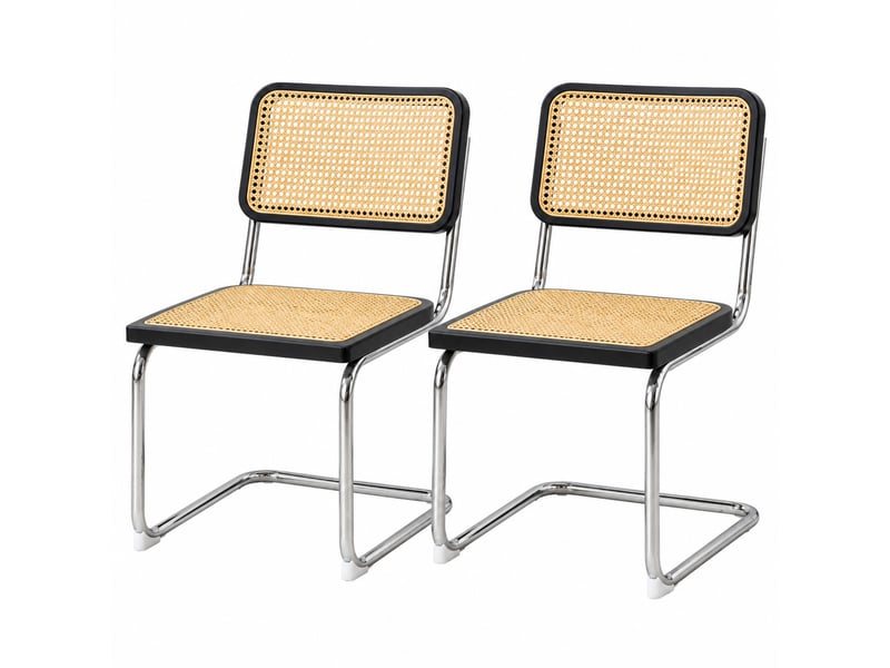  Lot de 2 chaises de salle à manger noires et bois, dossier en rotin, piètement chromé, style cantilever  - Conforama A