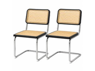 Lot de 2 chaises de salle à manger noires et bois, dossier en rotin, piètement chromé, style cantilever