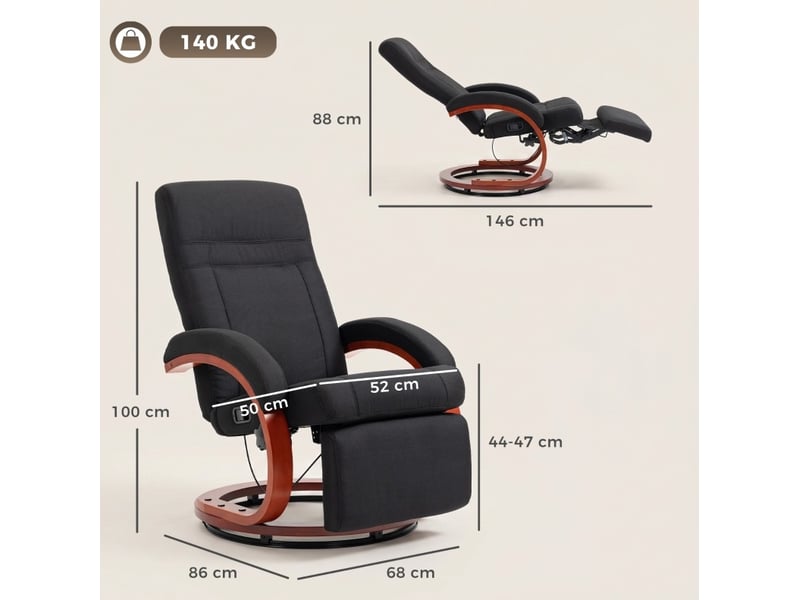  Fauteuil relax manuel 86x68x100 cm dossier inclinable à 135° avec repose-pieds base en bois noir  - Conforama D
