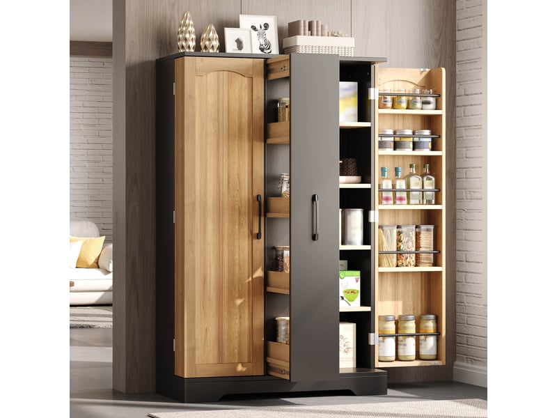 Meuble de cuisine 78x35x120 cm avec rangement épices, placard haut avec portes, tiroir coulissant vertical et étagères réglables - noir et naturel - Conforama D