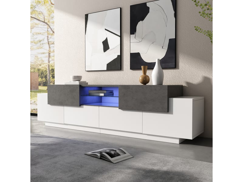  Meuble tv modenvie 180 x 40 x 45 cm avec led rgb, rangements et verre trempé blanc et gris  - Conforama B
