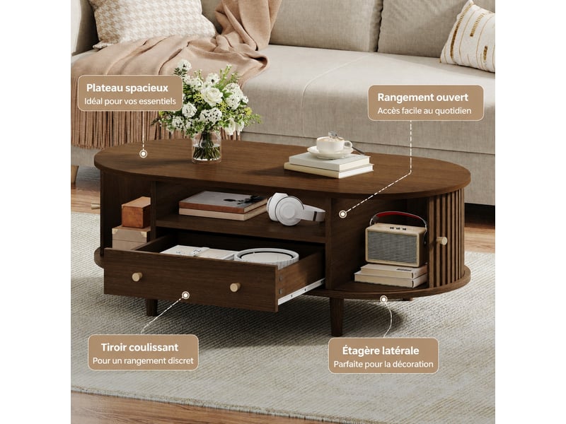  Table basse ovale effet noyer avec tiroir, rangement ouvert et portes à rideau 100 x 50 x 36 cm bois foncé  - Conforama D