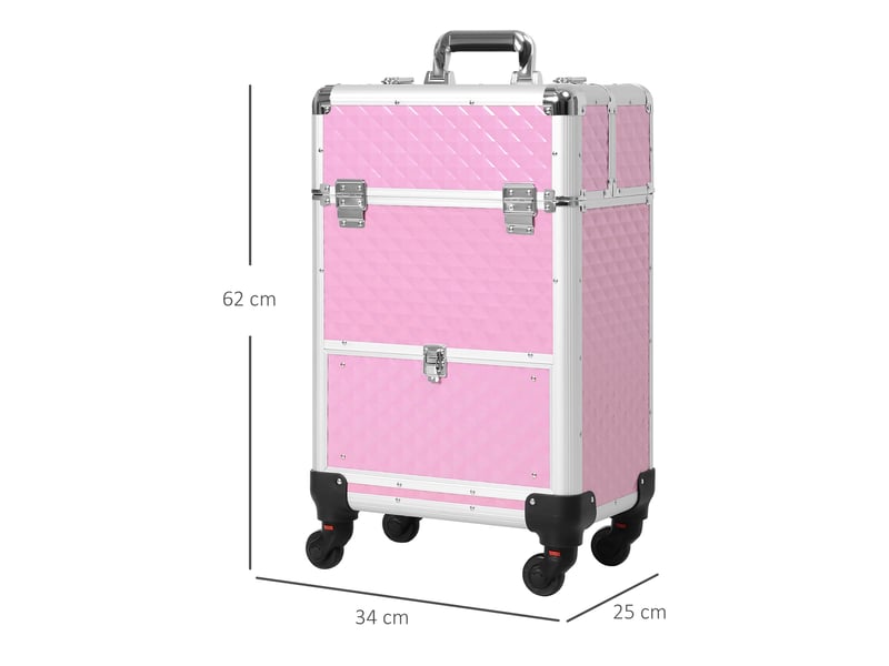 Trousse de maquillage professionnelle avec tiroir, valise à roulettes pour les voyages et le travail, 34 x 25 x 62 cm, rose - Conforama E